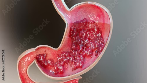 Stomach cancer. stages tumor growth in digestive system, Peptic Ulcer, Cancer attacking cell. gastric disease concept. symptoms, malignant cancerous, viruses and bacteria, Cross section, 3d render photo