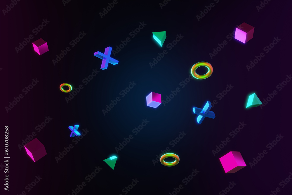 abstract 3d of video game cyberpunk on dark blue background. VR virtual reality simulation and metaverse. 3d illustration rendering futuristic neon glow geometric concept. abstract 3d of video game cyberpunk on dark blue background. VR virtual reality simulation and metaverse. 3d illustration rendering futuristic neon glow geometric concept.