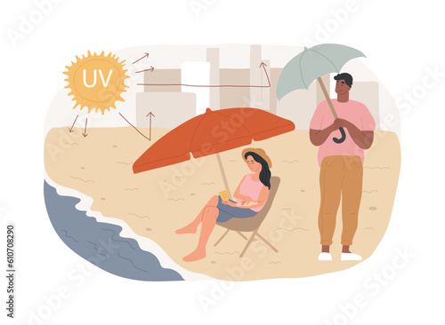 Ultraviolet radiation isolated concept vector illustration. Radiation protection, ozone layer destruction, ultraviolet irradiation, epidermis disease cause, UV rays exposure vector concept.