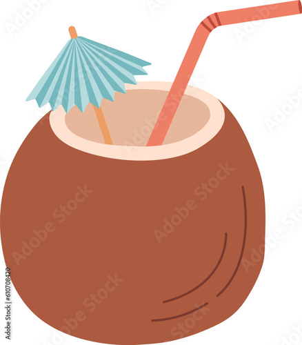 Coconut coctail with straw vector illustration. Tropical drink