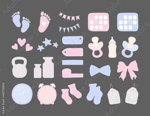 Set baby metric colored doodles. Birth announcement. Set newborn hand drawn elements. Gender party vector icons. Birth stats colorful illustrations. Age, height, weight data and cute baby accessories.