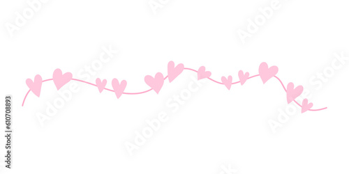 Decorative border element, cute hand drawn divider. For design or decor, for collage. Vector ornament frame border line. Wavy line with pink hearts.