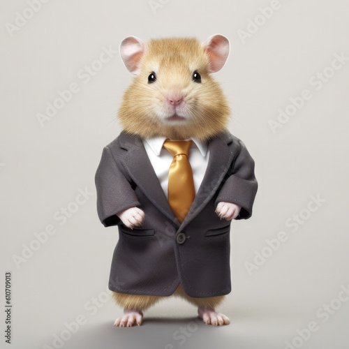 Anthropomorphic hamster wearing business suit standing on hind legs with serious look, full body portrait