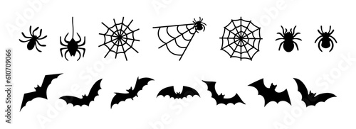 Set bats, spiders and cobwebs, isolated on white background. Vector illustration, traditional Halloween decorative elements. Halloween silhouettes black spiders and spider web, bats - for design decor