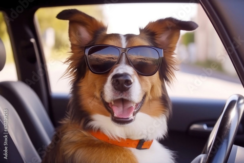 Stylish dog in sunglasses driving a car. AI generative © paffy