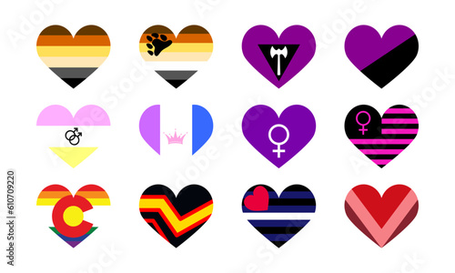Set of lgbtq flags. LGBT Pride Month illustrations, LGBTQ concept. Gender equality and sexual identity, support for homosexuality. Heart flag icons set for International lgbt Pride Day.