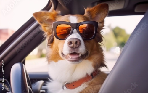 Stylish dog in sunglasses driving a car. AI generative photo