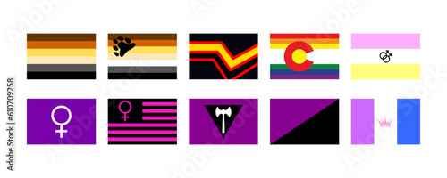 Set of lgbtq flags. LGBT Pride Month illustrations, LGBTQ concept. Gender equality and sexual identity, support for homosexuality. Rectangular flag icons set for International lgbt Pride Day.