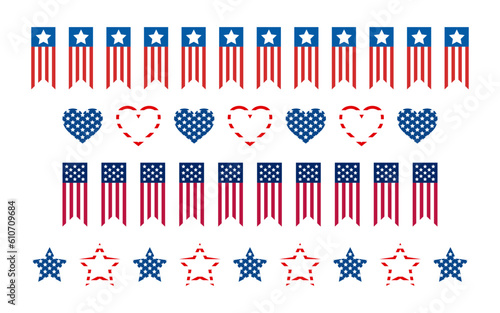 Independence Day United States stars and hearts dividers. USA flags illustration, decorations - border lines. Memorial Day, US frame for American national holiday. Veterans day USA set. Bunting flags.