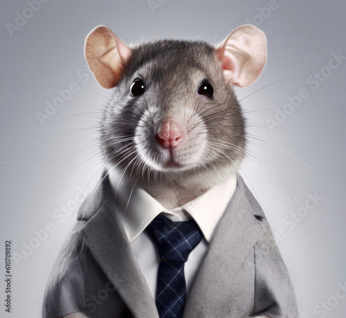 Human-like rat employee wearing suit and tie, half body corporate portrait