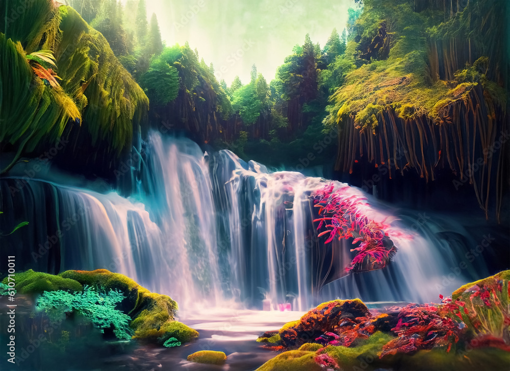 Beautiful waterfall nature scenery of colorful deep forest in summer day. Generative AI