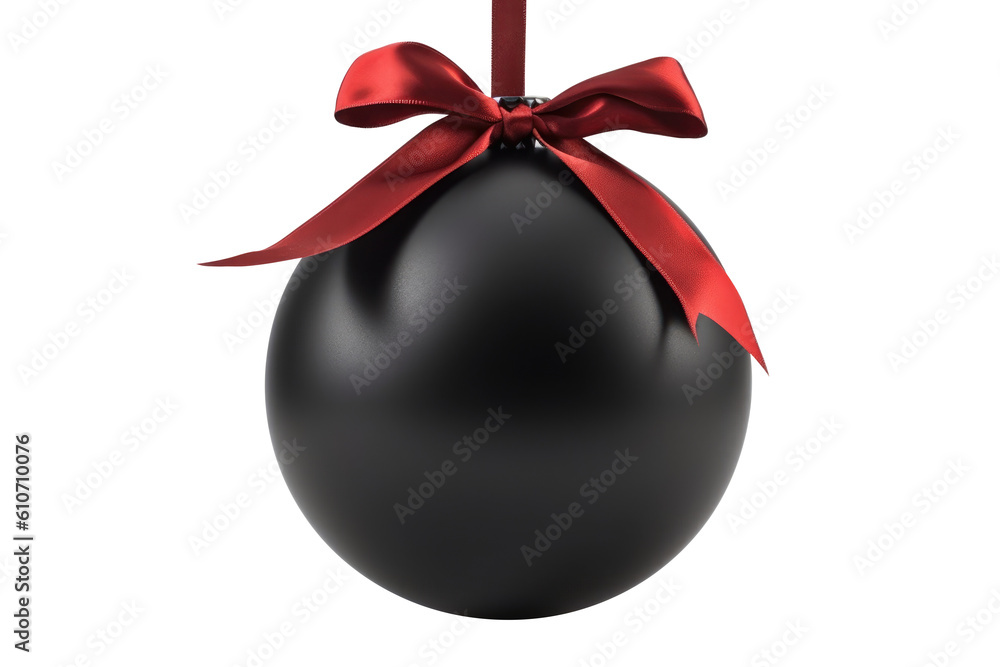 black Christmas ball with ribbon and a bow, isolated on background. Generative AI black Christmas ball with ribbon and a bow, isolated on background. Generative AI
