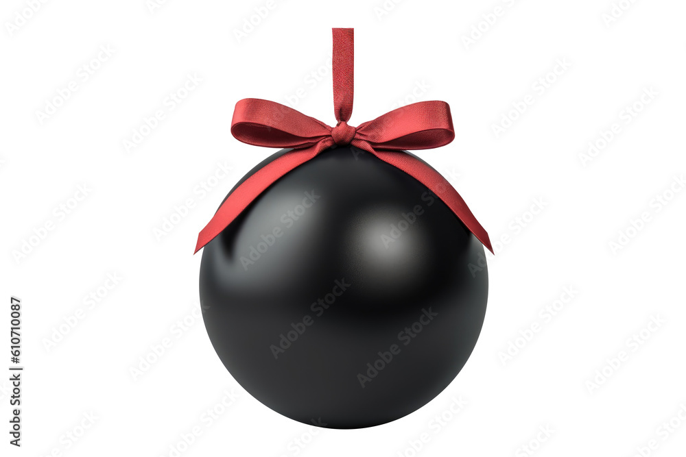 black Christmas ball with ribbon and a bow, isolated on background. Generative AI black Christmas ball with ribbon and a bow, isolated on background. Generative AI