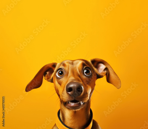 Curious Dachshund dog looking up at blank copy space, on bright yellow background. AI generative. © paffy