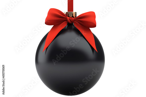 black Christmas ball with ribbon and a bow, isolated on background. Generative AI