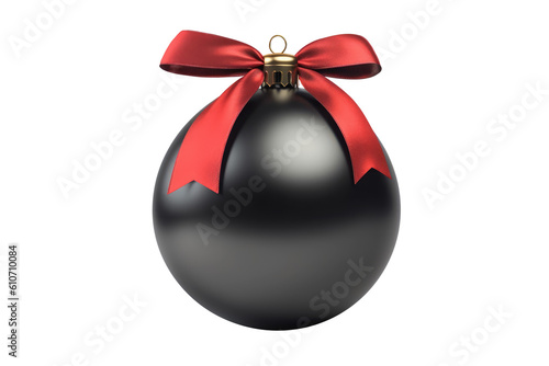 black Christmas ball with ribbon and a bow, isolated on background. Generative AI