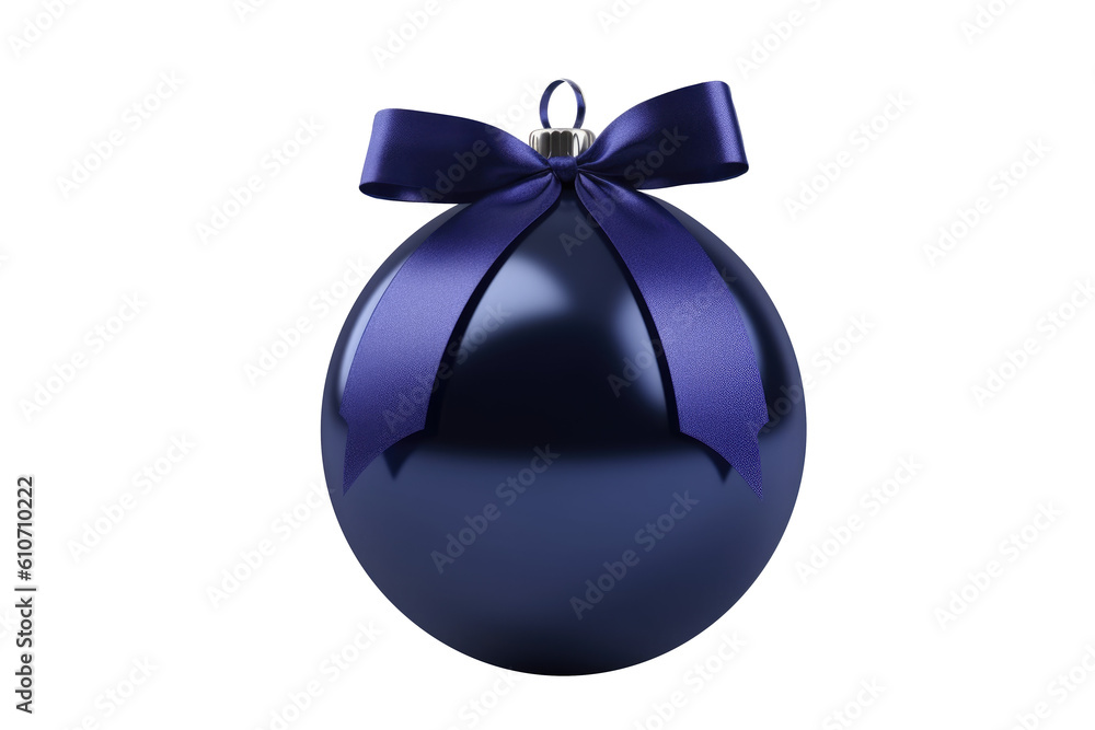 indigo Christmas ball with ribbon and a bow, isolated on background. Generative AI indigo Christmas ball with ribbon and a bow, isolated on background. Generative AI