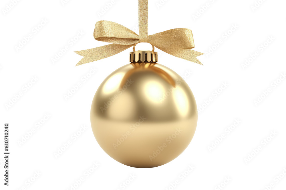 gold Christmas ball with ribbon and a bow, isolated on background. Generative AI gold Christmas ball with ribbon and a bow, isolated on background. Generative AI