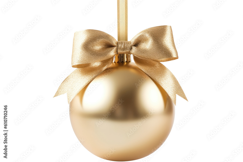 gold Christmas ball with ribbon and a bow, isolated on background. Generative AI gold Christmas ball with ribbon and a bow, isolated on background. Generative AI