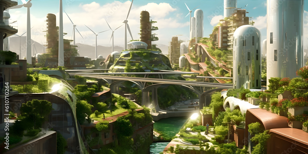Eco-Friendly Cityscape - A futuristic cityscape with green roofs, solar panels, and wind turbines. Generative ai
