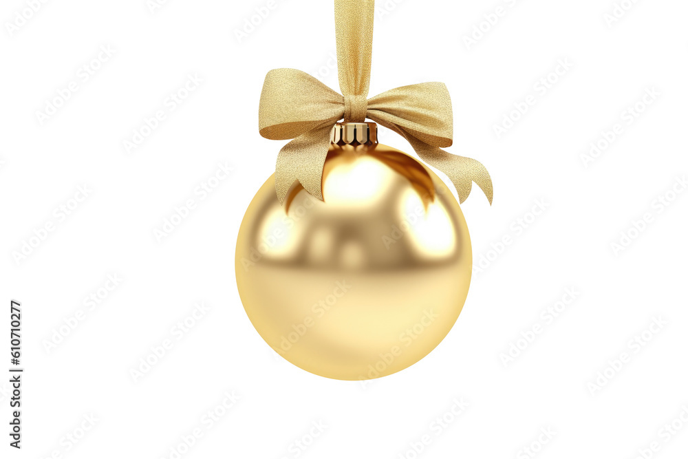 gold Christmas ball with ribbon and a bow, isolated on background. Generative AI gold Christmas ball with ribbon and a bow, isolated on background. Generative AI