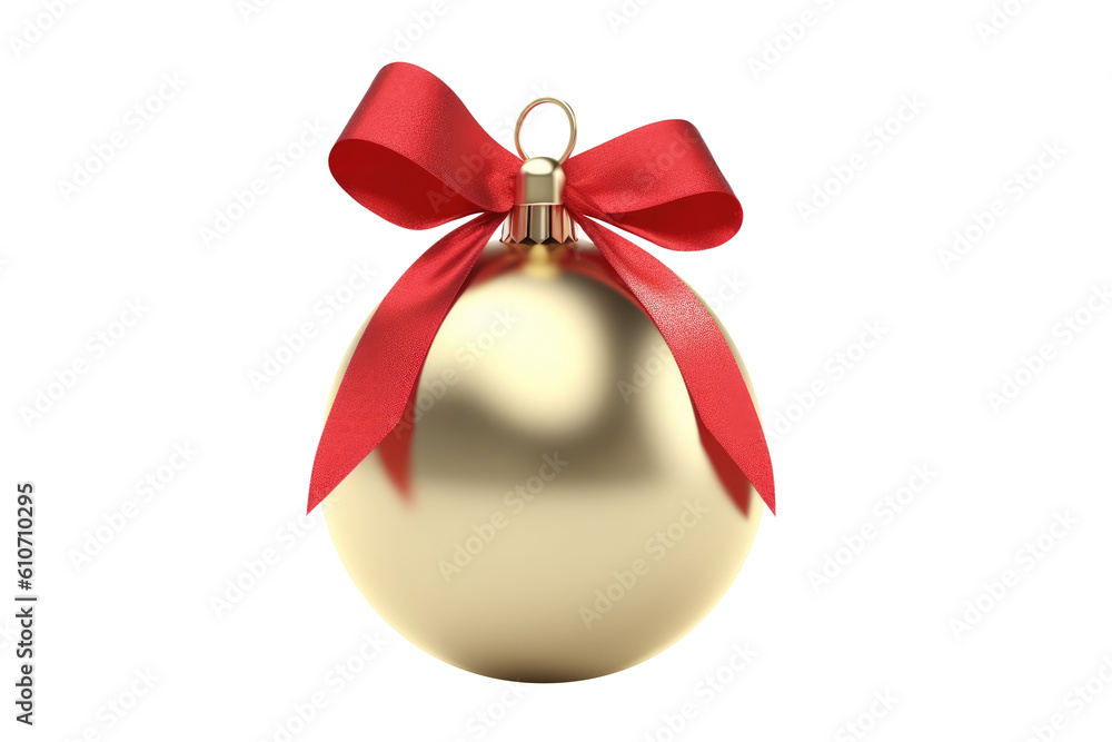 gold Christmas ball with ribbon and a bow, isolated on background. Generative AI gold Christmas ball with ribbon and a bow, isolated on background. Generative AI