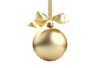 gold Christmas ball with ribbon and a bow, isolated on background. Generative AI