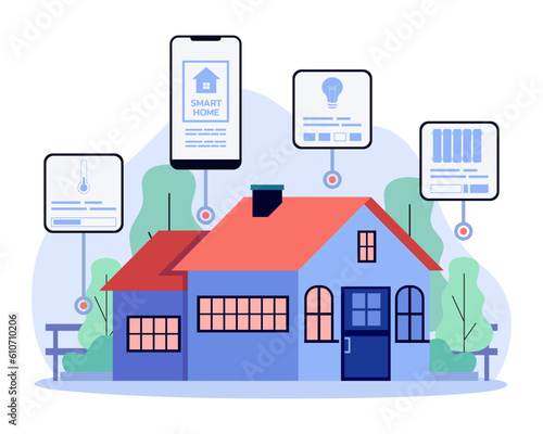 Smart house with household data in app vector illustration. Cartoon drawing of cozy home with information about temperature, heating, electricity, mobile application. Household, technology concept