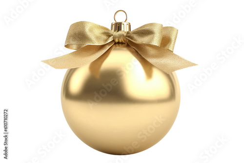 gold Christmas ball with ribbon and a bow, isolated on background. Generative AI