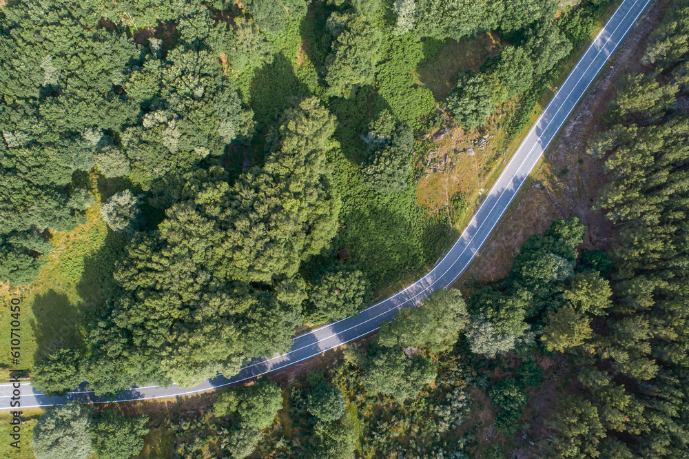 aerial top view of a mountain road in Galicia, Spain.