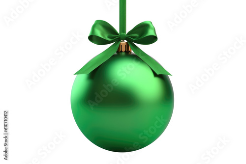 green Christmas ball with ribbon and a bow, isolated on background. Generative AI
