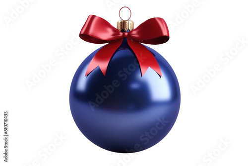 indigo Christmas ball with ribbon and a bow, isolated on background. Generative AI