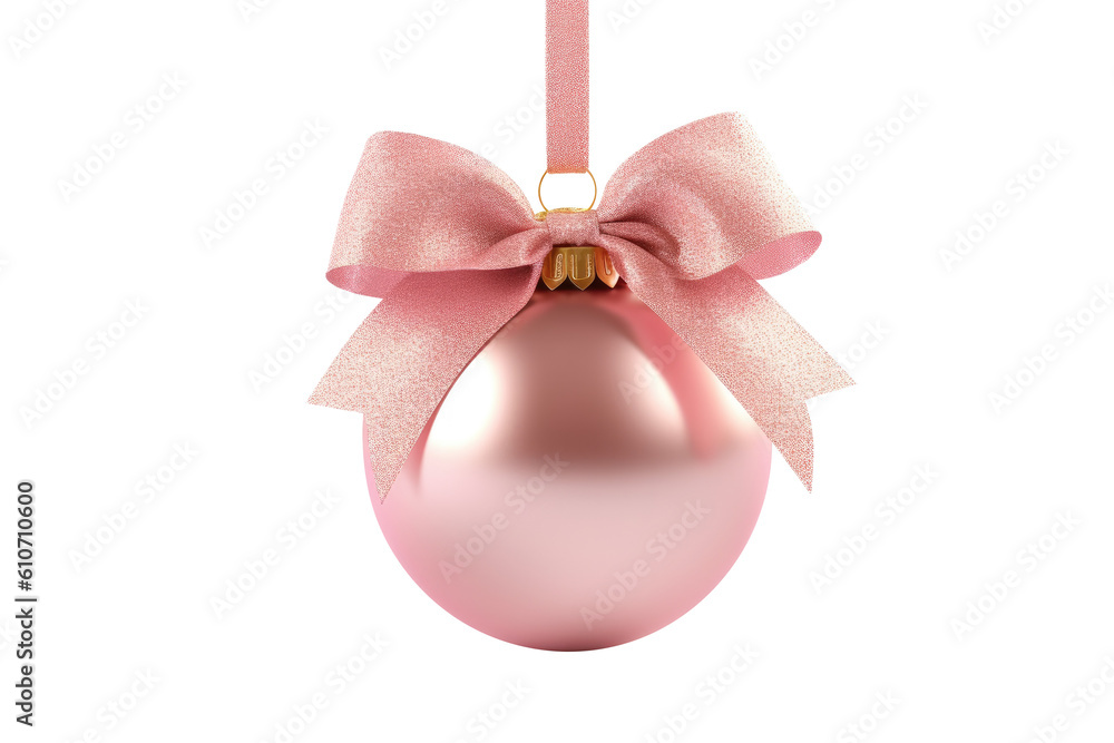 rose gold Christmas ball with ribbon and a bow, isolated on background. Generative AI rose gold Christmas ball with ribbon and a bow, isolated on background. Generative AI