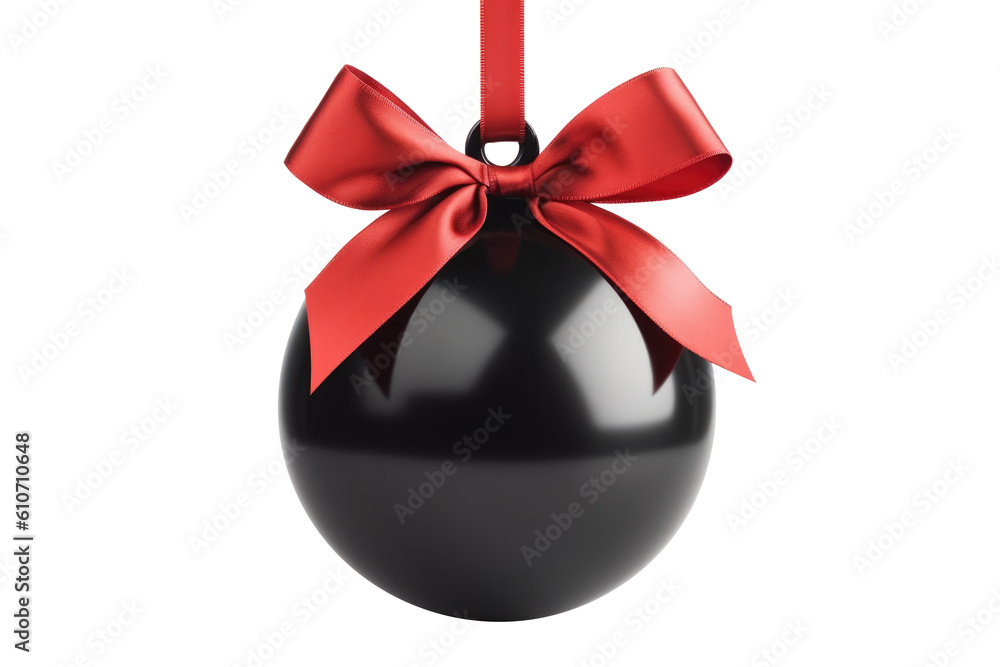 black Red Christmas ball with ribbon and a bow, isolated on background. Generative AI black Red Christmas ball with ribbon and a bow, isolated on background. Generative AI