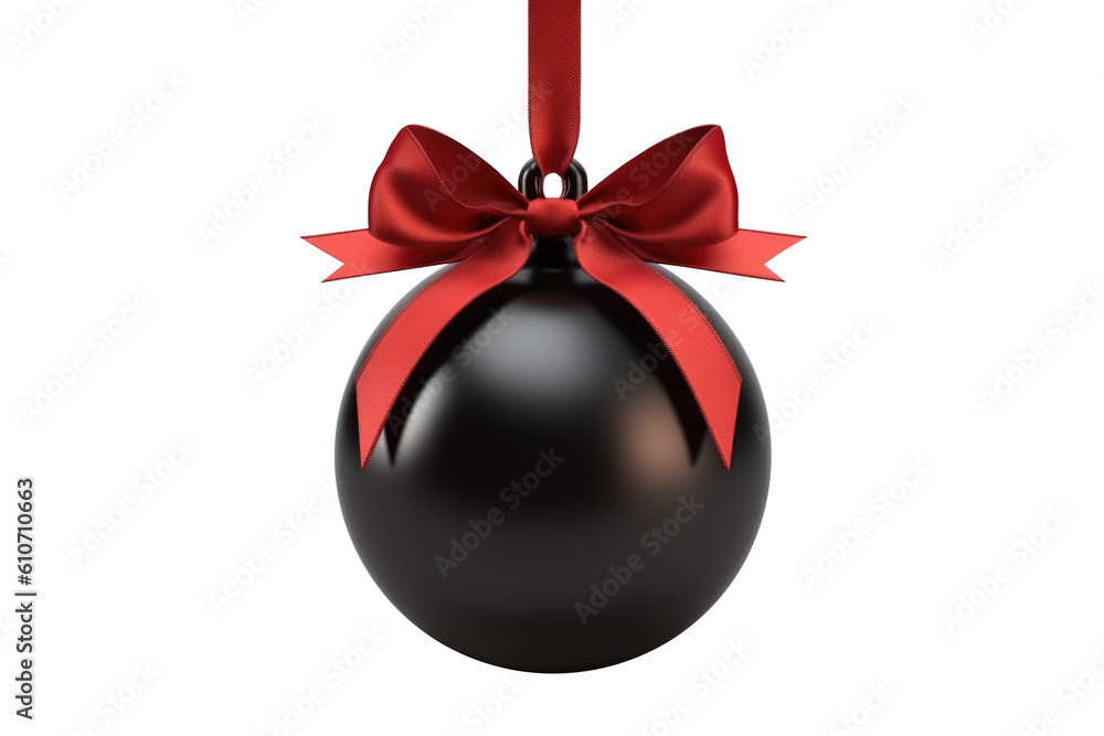 black Red Christmas ball with ribbon and a bow, isolated on background. Generative AI black Red Christmas ball with ribbon and a bow, isolated on background. Generative AI