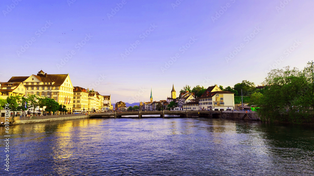 panorama view of lake Zurich and building in Switzerland with reflection in the water