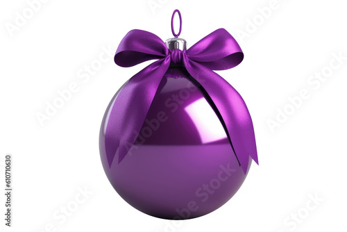 purple Christmas ball with ribbon and a bow  isolated on background. Generative AI