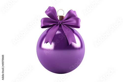 purple Christmas ball with ribbon and a bow, isolated on background. Generative AI