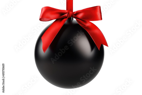 black Red Christmas ball with ribbon and a bow, isolated on background. Generative AI