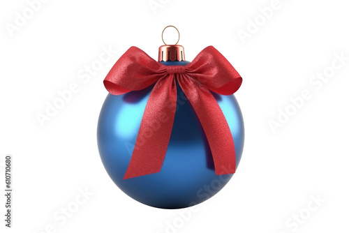 Red blue Christmas ball with ribbon and a bow, isolated on background. Generative AI