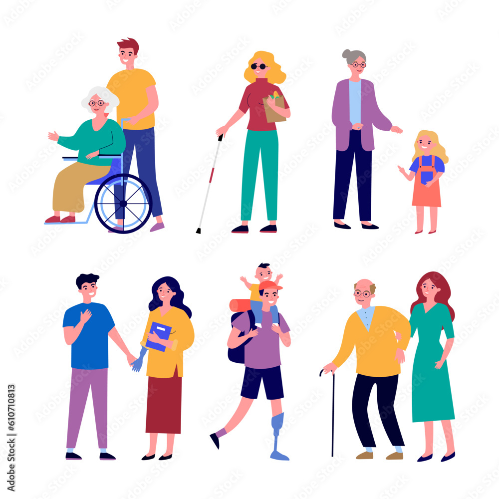 People with disabilities vector illustrations set. Volunteers and family helping men and women with prosthetic leg or arm, senior person in wheelchair, blind woman. Inclusion, community concept