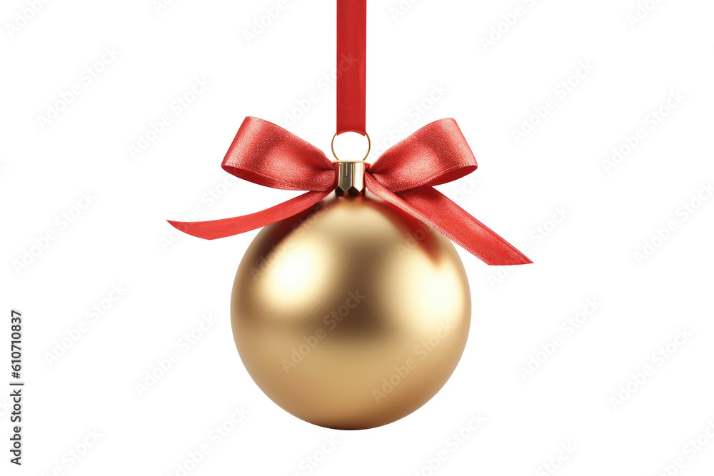 Red gold Christmas ball with ribbon and a bow, isolated on background. Generative AI Red gold Christmas ball with ribbon and a bow, isolated on background. Generative AI