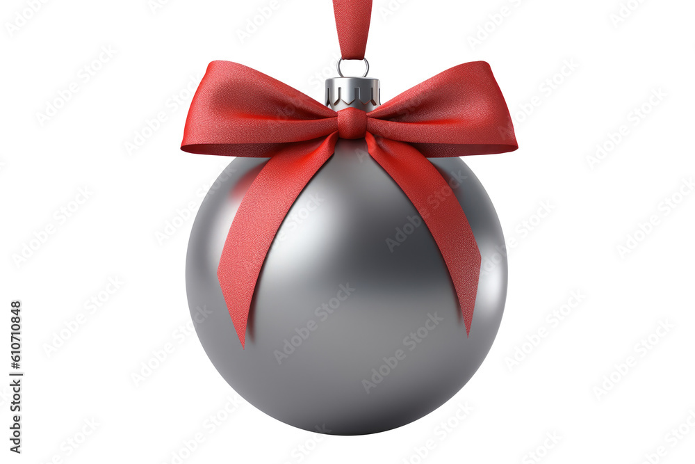 Red gray Christmas ball with ribbon and a bow, isolated on background. Generative AI Red gray Christmas ball with ribbon and a bow, isolated on background. Generative AI