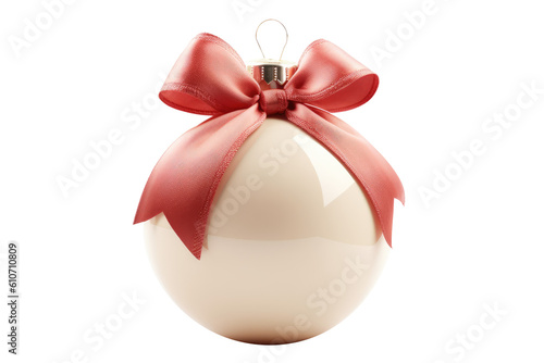 Red white Christmas ball with ribbon and a bow  isolated on background. Generative AI