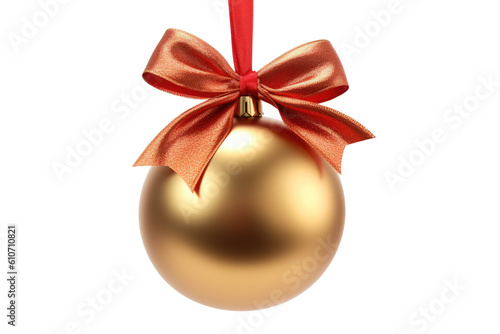Red gold Christmas ball with ribbon and a bow, isolated on background. Generative AI