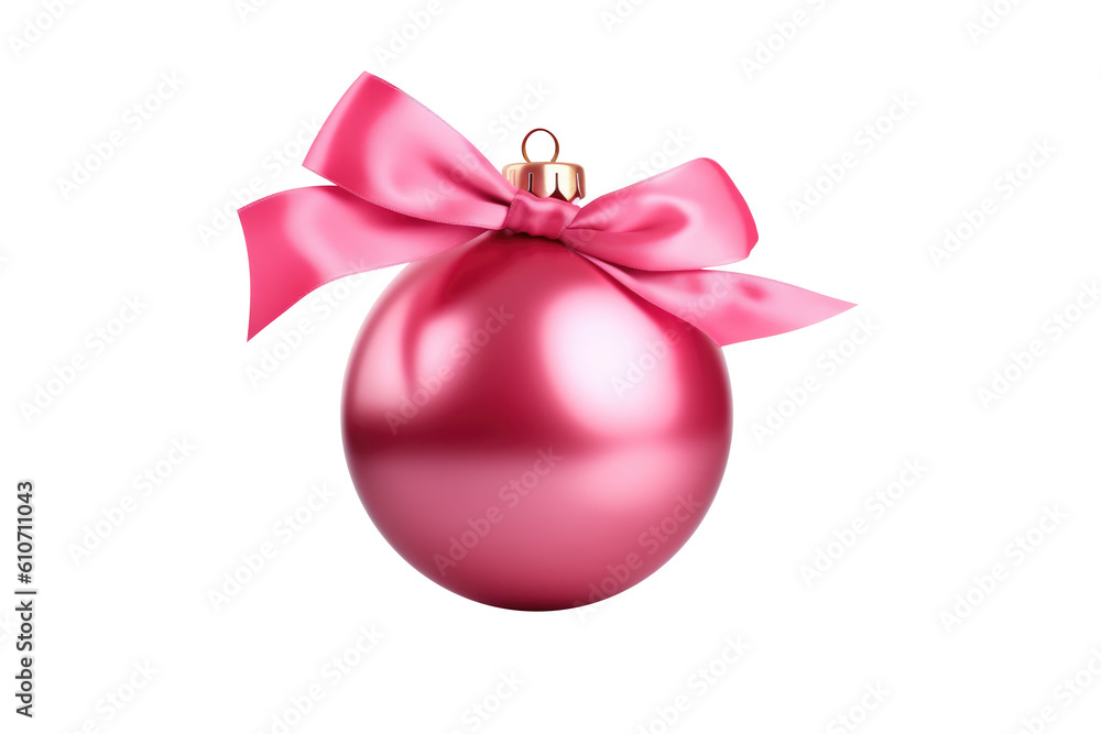 pink Christmas ball with ribbon and a bow, isolated on background. Generative AI pink Christmas ball with ribbon and a bow, isolated on background. Generative AI