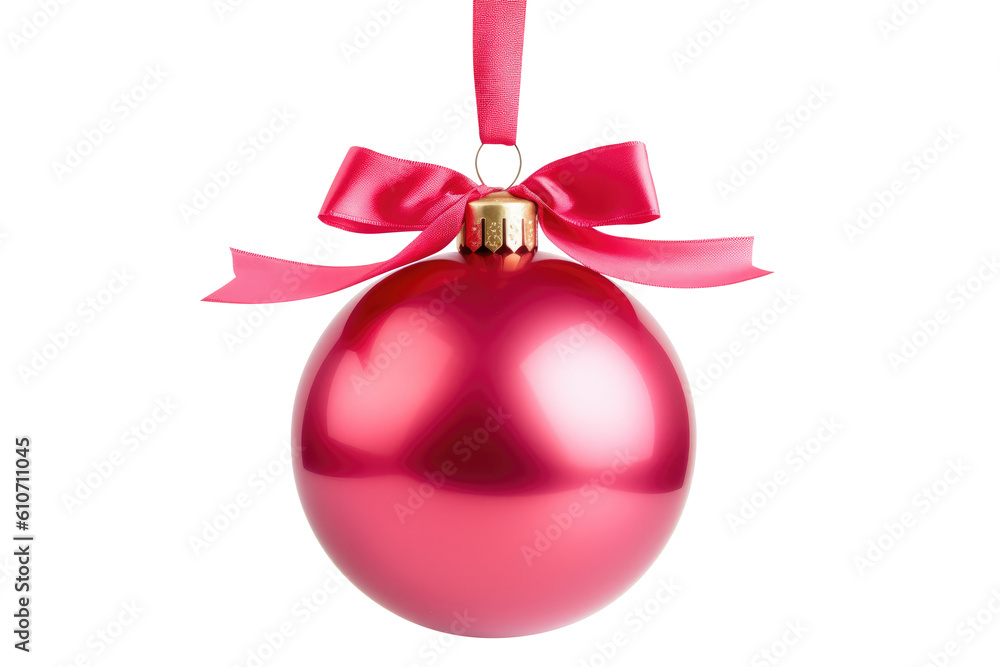 pink Christmas ball with ribbon and a bow, isolated on background. Generative AI pink Christmas ball with ribbon and a bow, isolated on background. Generative AI