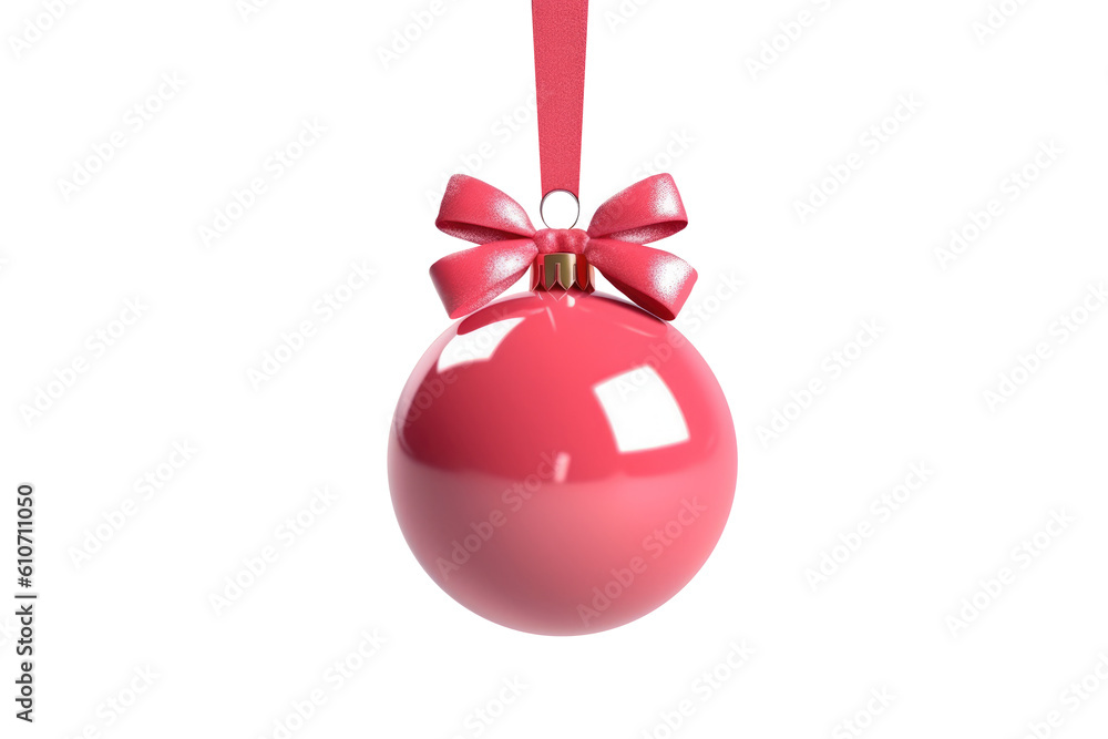 pink Christmas ball with ribbon and a bow, isolated on background. Generative AI pink Christmas ball with ribbon and a bow, isolated on background. Generative AI