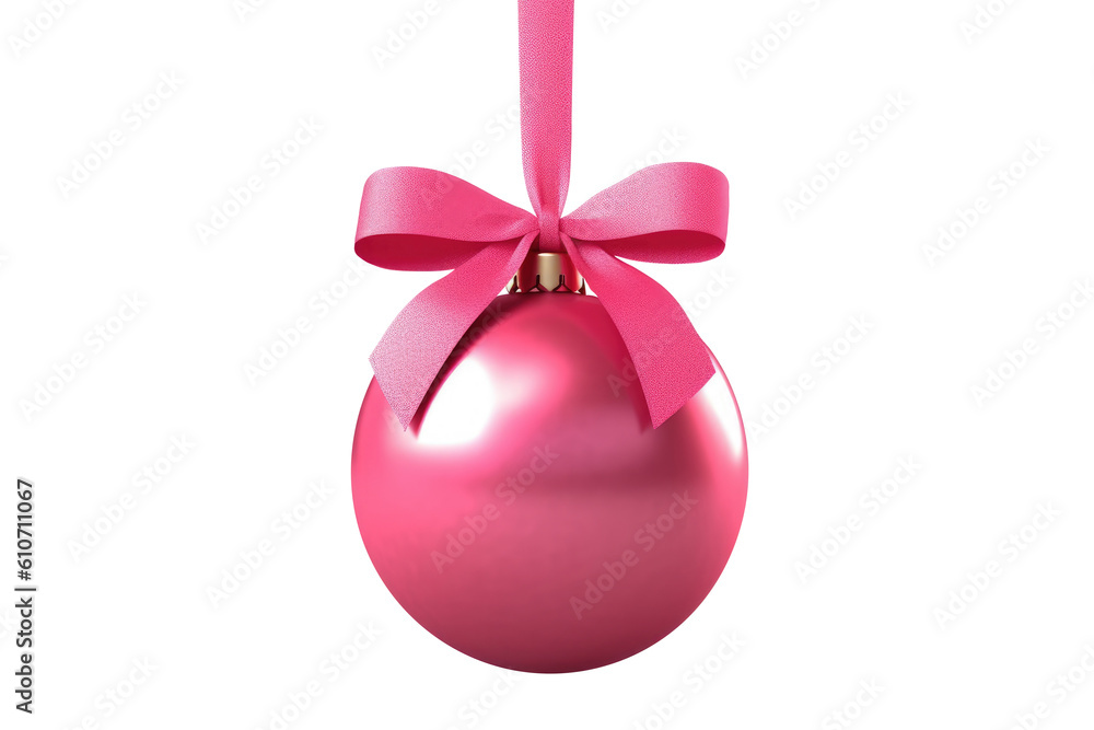 pink Christmas ball with ribbon and a bow, isolated on background. Generative AI pink Christmas ball with ribbon and a bow, isolated on background. Generative AI