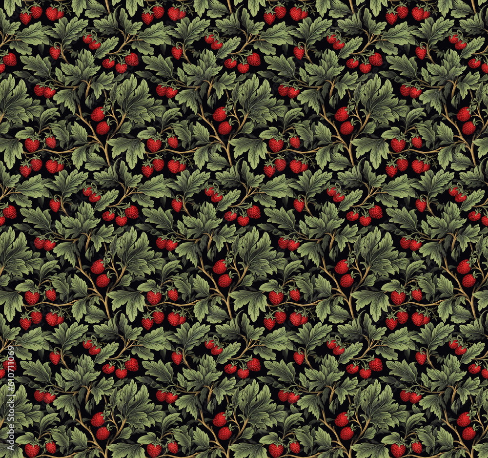 Wallpaper with a mosaic pattern of berries. Illustration of a strawberry with leaves. Printing on clothes, goods, textiles, tablecloths, dishes, children's. Wallpaper with a mosaic pattern of berries. Illustration of a strawberry with leaves. Printing on clothes, goods, textiles, tablecloths, dishes, children's.